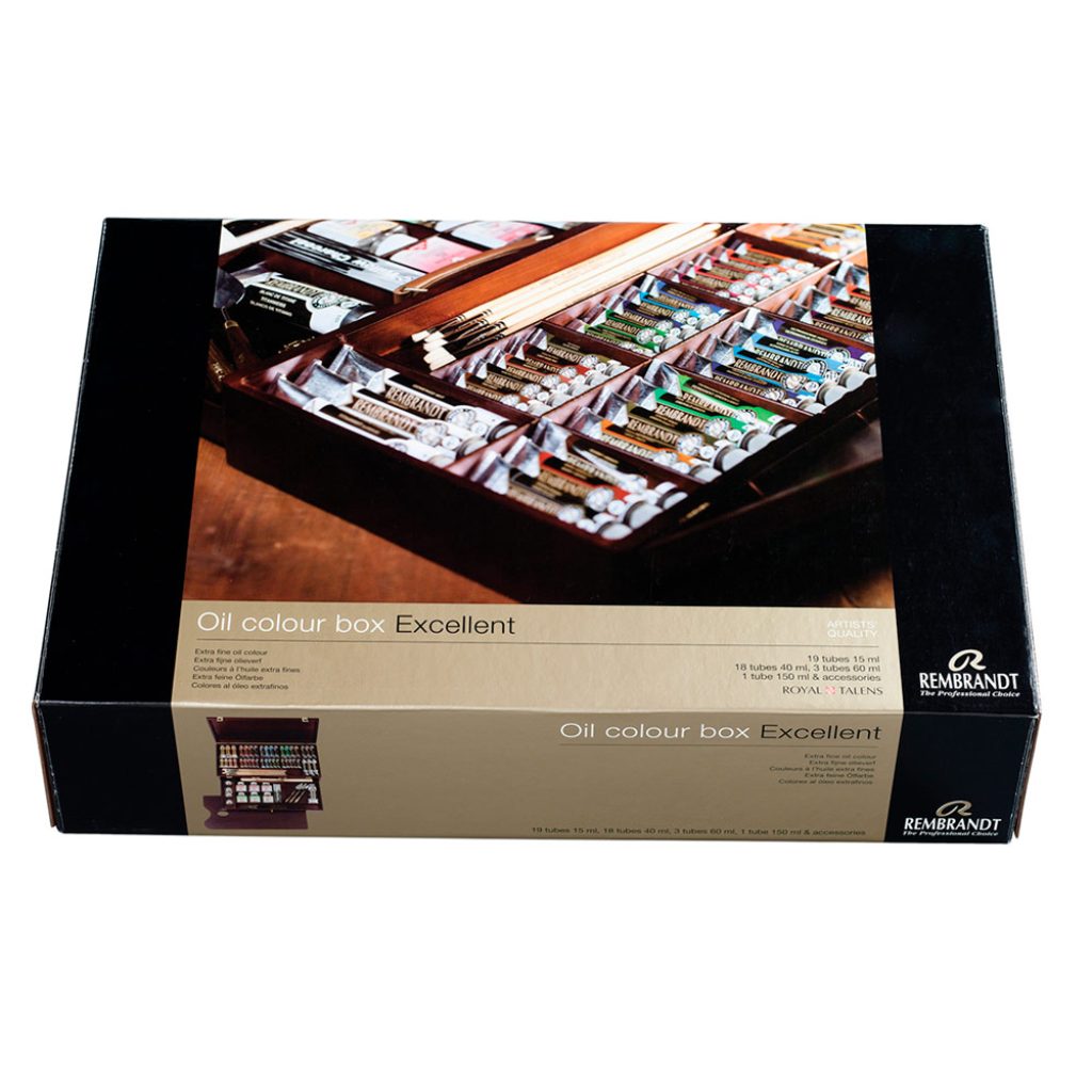 CAJA OLEO DE MADERA 41 TUBOS REMBRANT 19 TUBOS X 15 MLS. / 18 TUBOS X 40 MLS / 3 TUBOS X 60 MLS, AUXILIARES Y ACCESORIOS